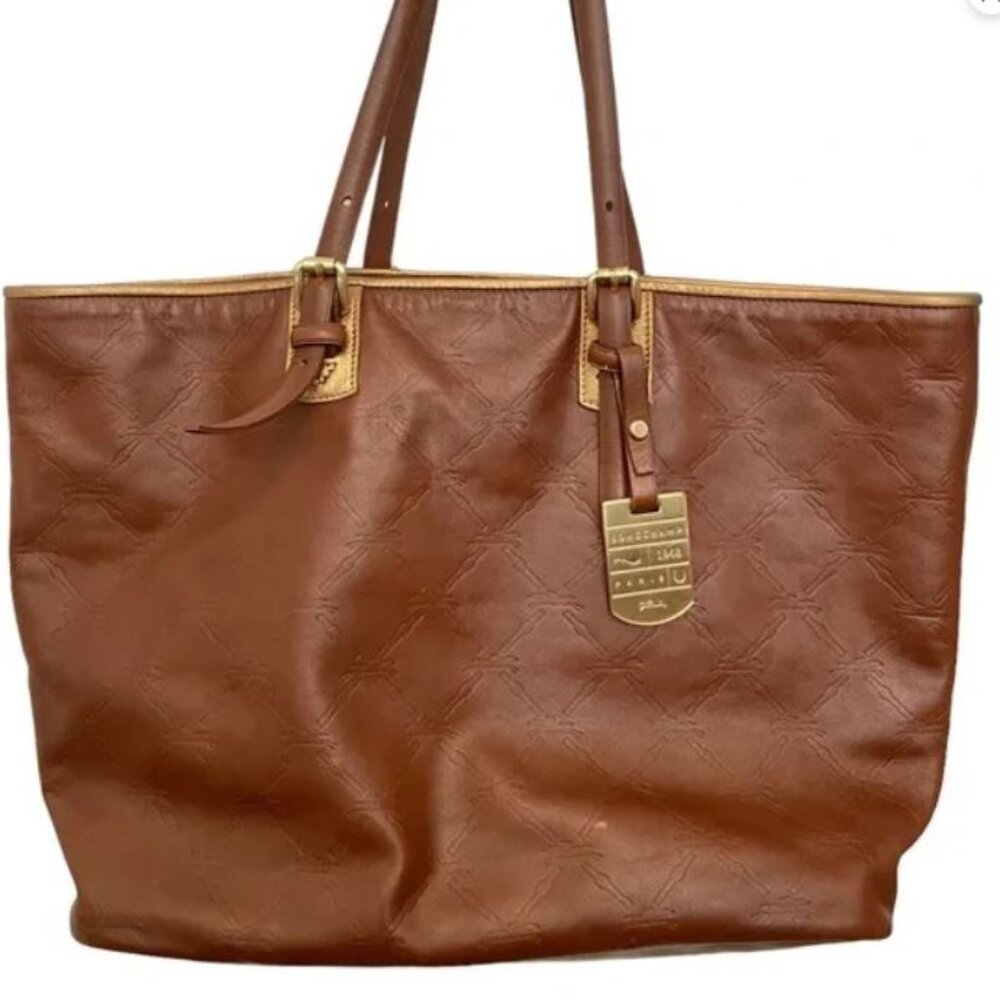 Longchamp Brown Leather Embossed Logo Pliage Bag